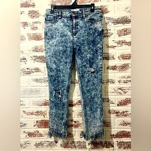 Free People Jeans Ankle Cropped Skinny Acid Wash Fringe Distressed Size 29
